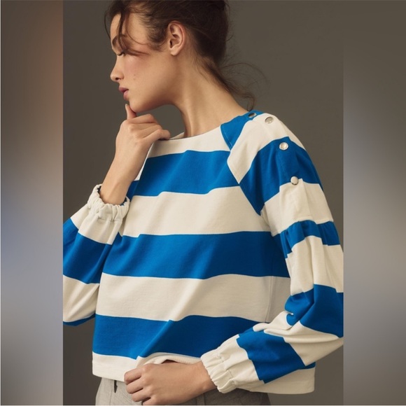 Anthropologie Maeve Blue/White French Terry Sweatshirt Size Medium - Picture 15 of 16